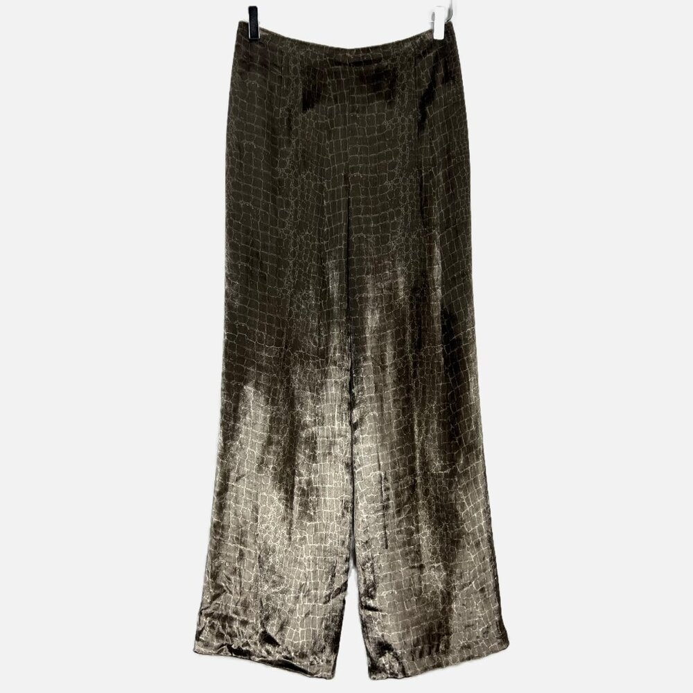 Heidi Weisel Trousers Women's 8 Brown Reptile Print Velvet Wide Leg Silk Blend